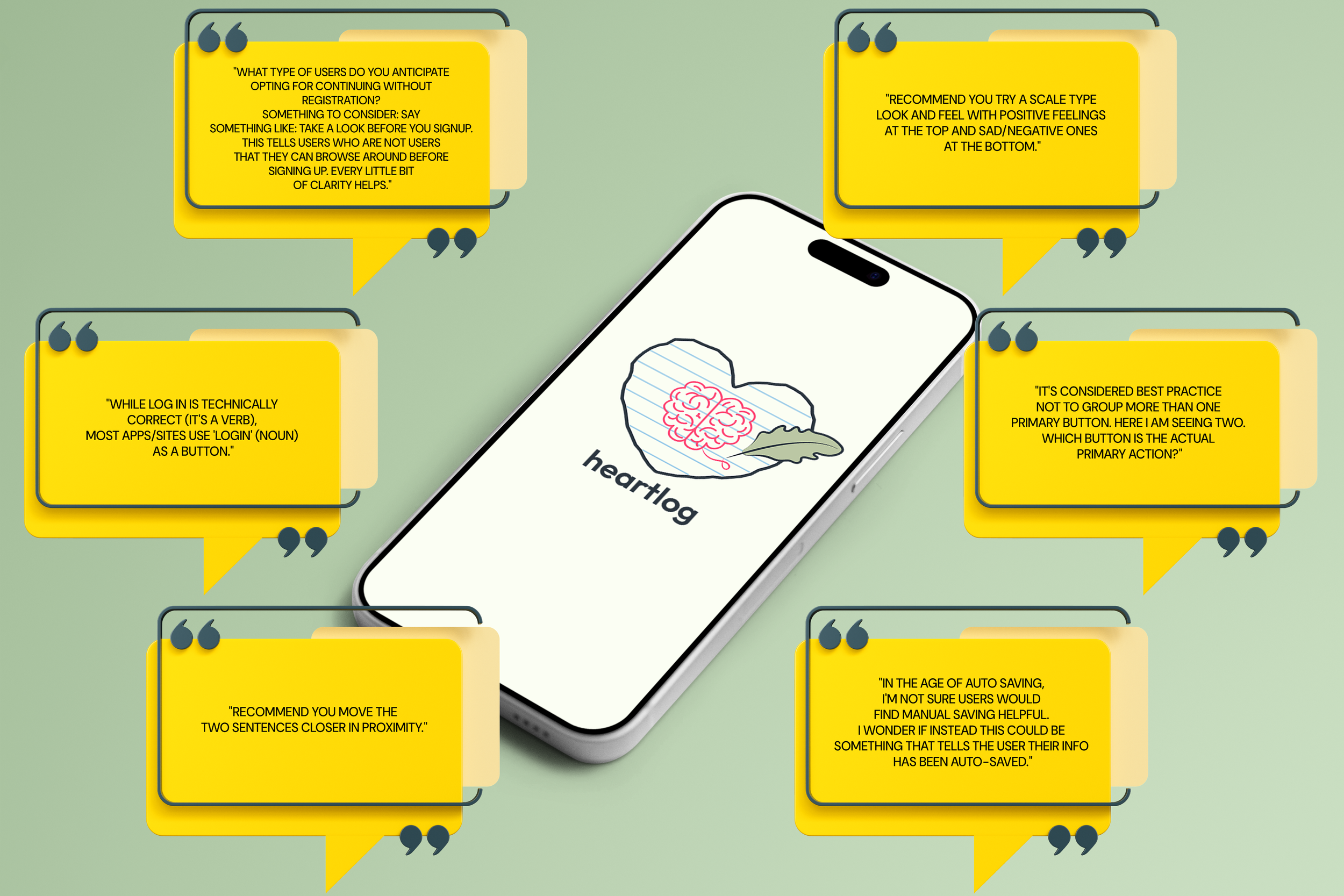 Heartlog App Phone Screen Mockup with Peer Review Bubbles