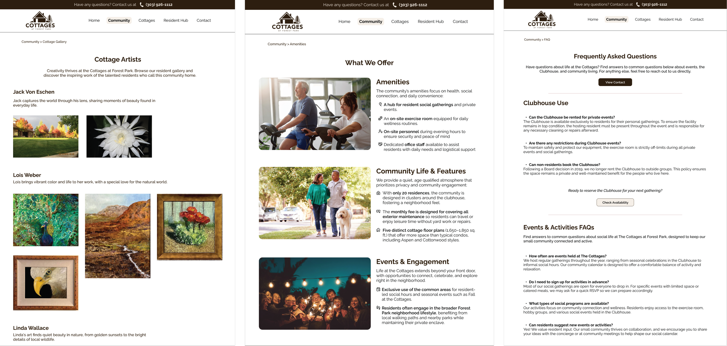 Cottage Artists Page, Event and Lifestyle Page, FAQ Policy Page