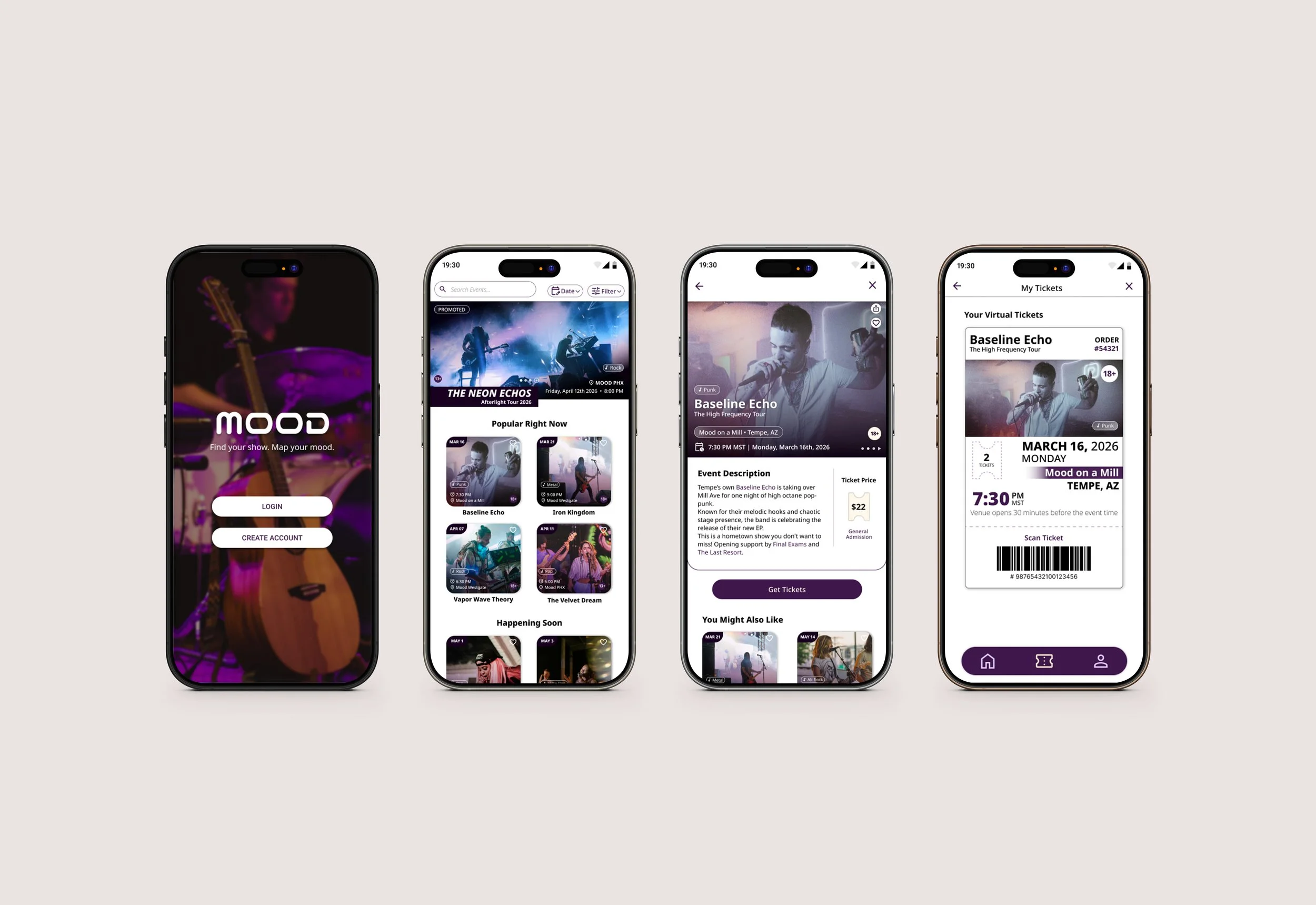 Shaped mockup image of 4 phone screens with mood app