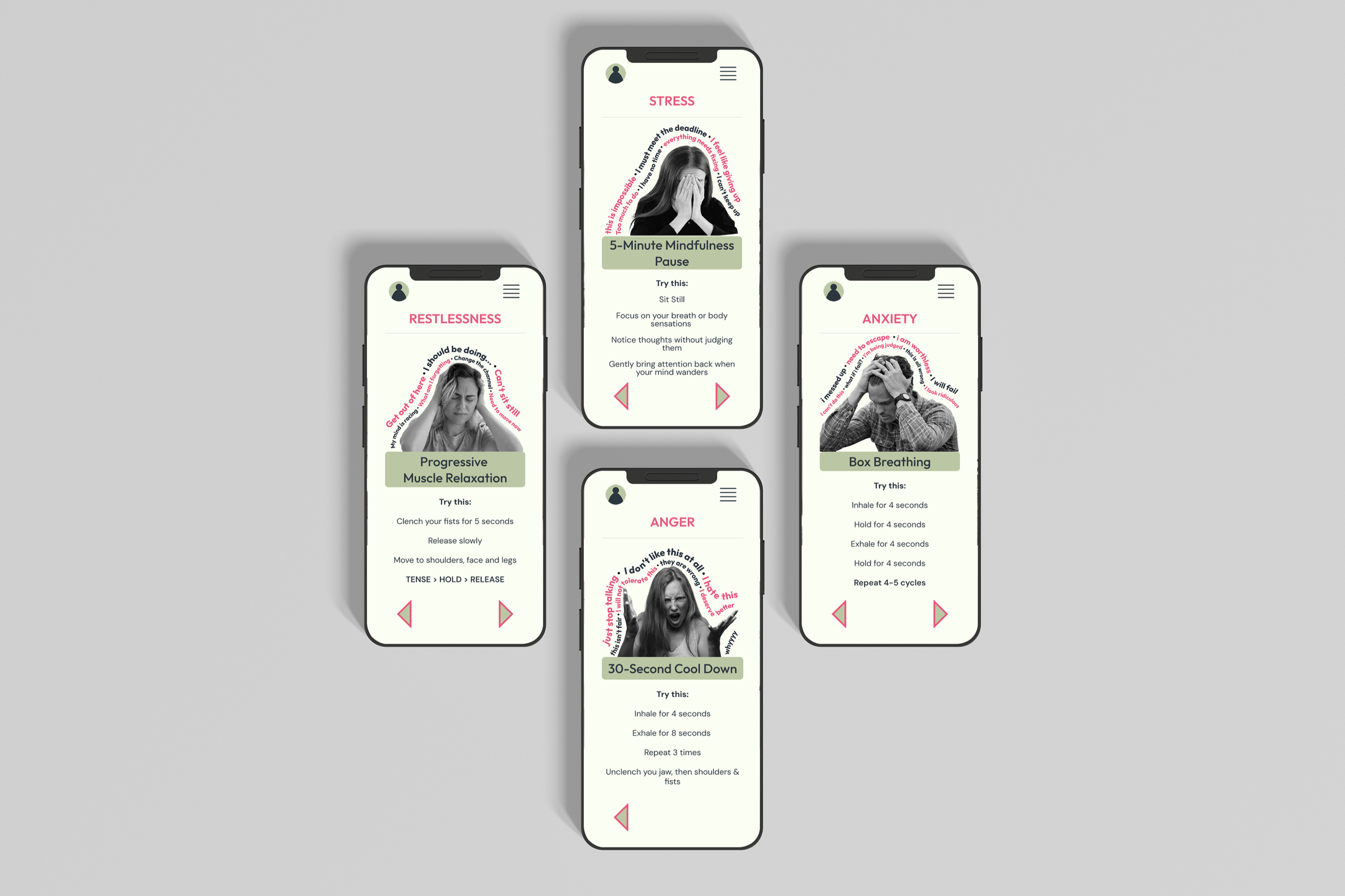 Phone Screens for Heartlog Mental Health Exercises