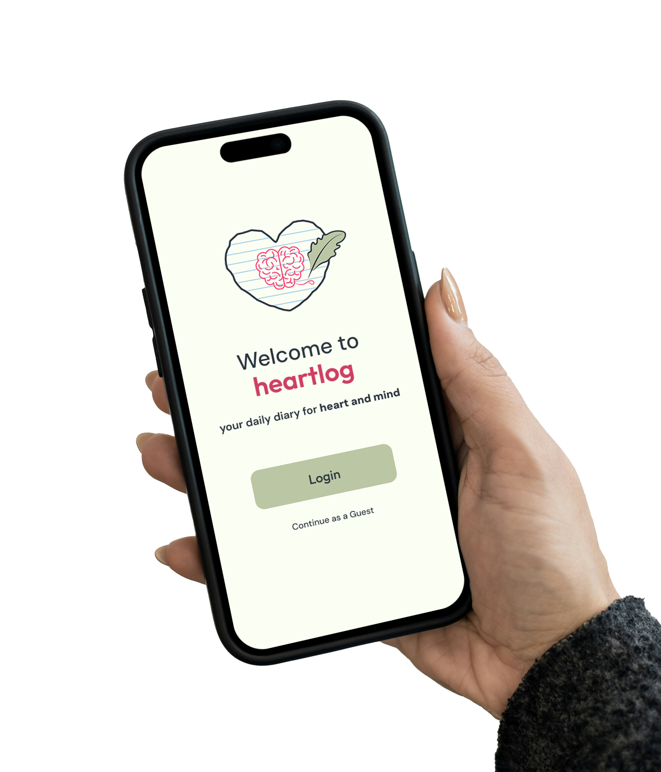 Phone in Hand Mockup Image with Heartlog App Screen