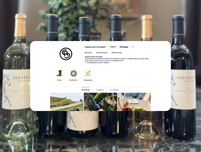 An Instagram profile page overlay with the name 'Shadow Ranch Vineyard' on a background of wine bottles and a wine glass.