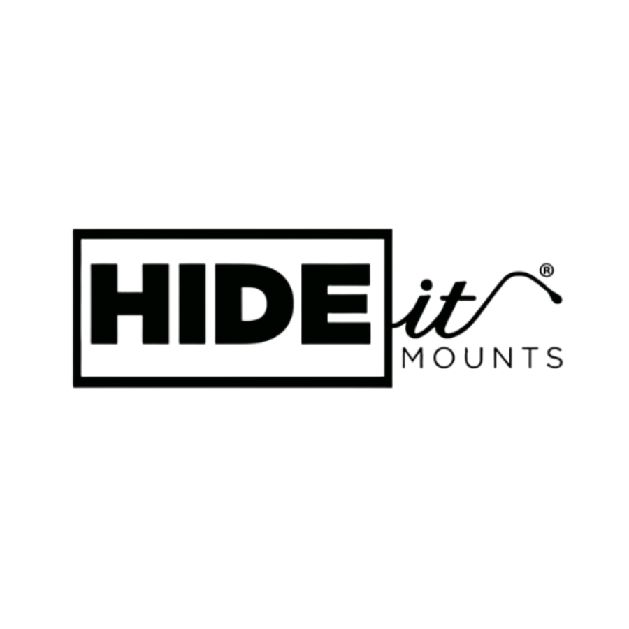 The image shows a logo with the words 'HIDEit MOUNTS' in black text. The words are stylized and arranged with 'HIDE' inside a rectangular box and 'it MOUNTS' written in a scripted font to the right.