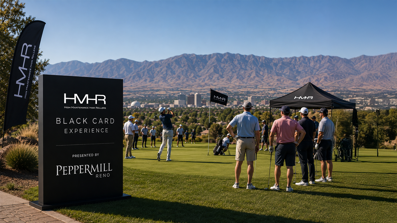 Golf tournament with players on the green, a sign for High Maintenance High Rollers Black Card Experience presented by Peppermill Reno, and a backdrop of mountains and city skyline.