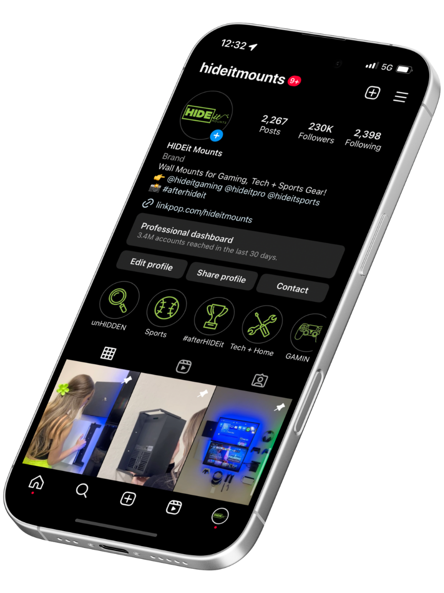 Instagram profile page for hideitmounts, a brand that sells wall mounts for gaming, tech, and sports gear. The profile has over 2,000 posts, 230,000 followers, and follows nearly 2,400 accounts. The bio mentions gaming, tech, and sports gear wall mounts, with links to the website and hashtags like #afterHIDeit.