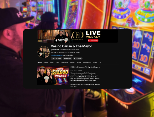 Screenshot of a YouTube channel called Casino Carisa & The Mayor, showing the channel banner and a video thumbnail. In the background, there are brightly lit slot machines in a casino.