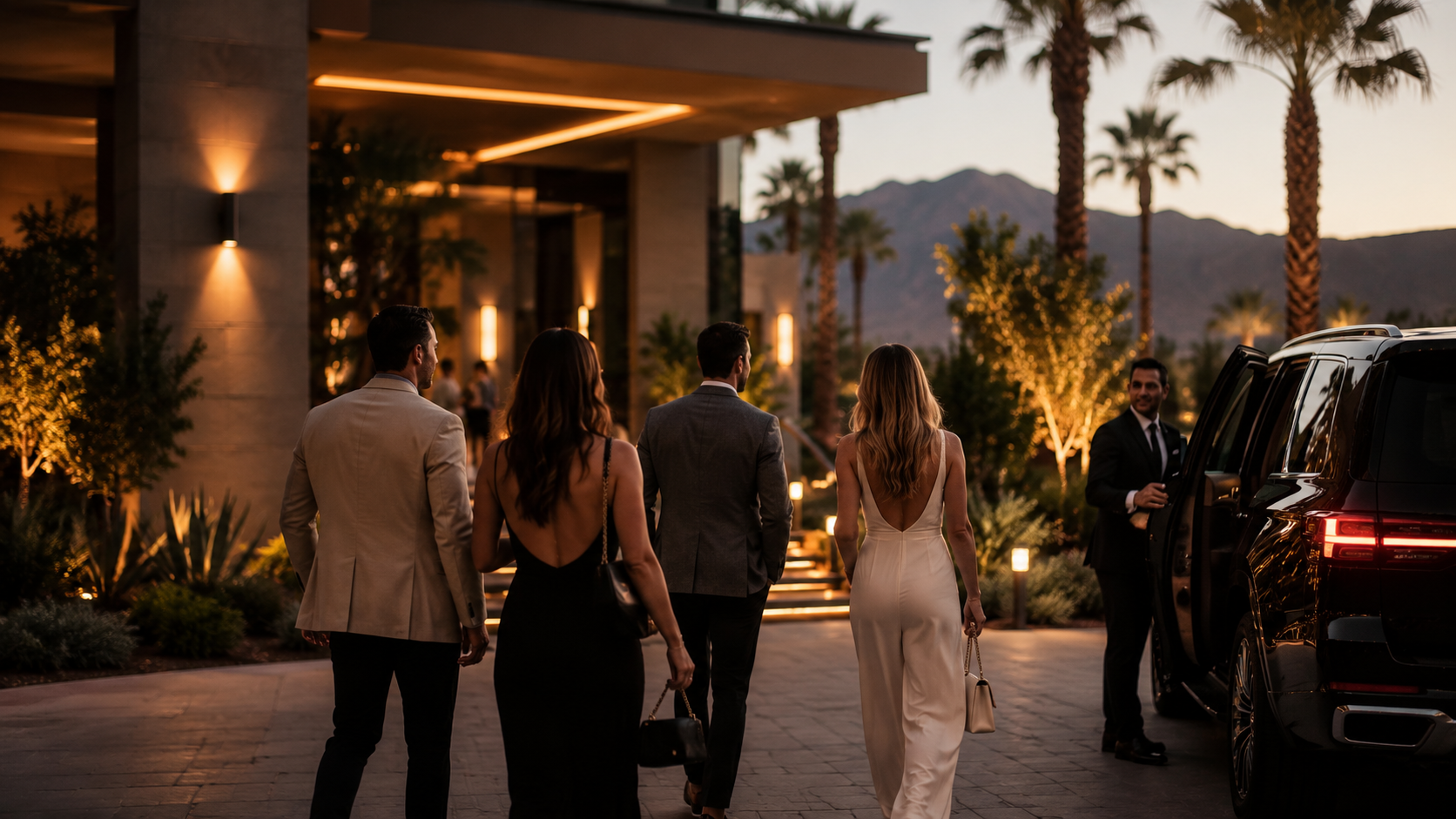 People dressed in formal attire arriving at a luxury venue during sunset, with a host welcoming them near a black SUV, surrounded by illuminated trees and mountains in the background.