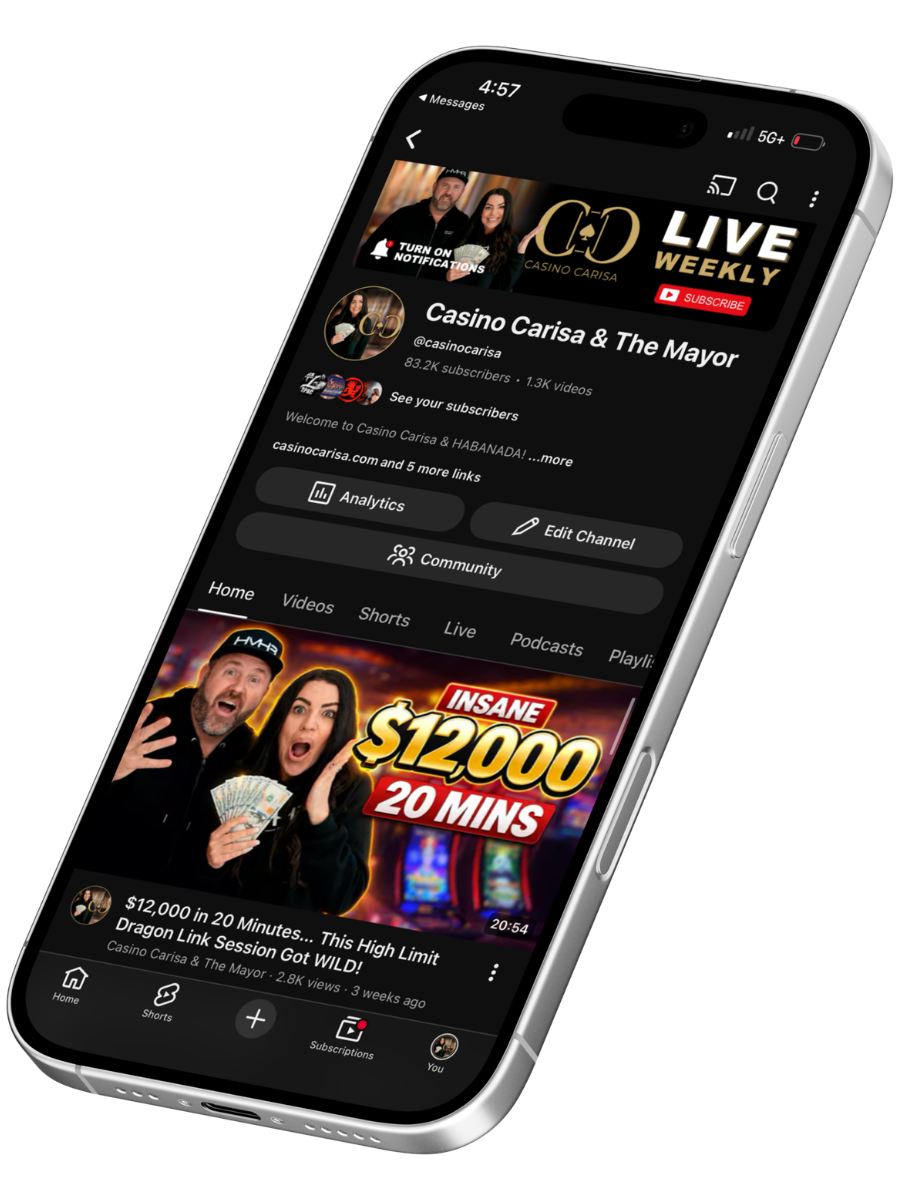 A smartphone displaying the YouTube homepage of 'Casino Carisa & The Mayor' channel, featuring a video thumbnail with two people at a casino, one holding cash, overlaid with text '$12,000 in 20 Minutes' and 'INSANE 20 MINS'.