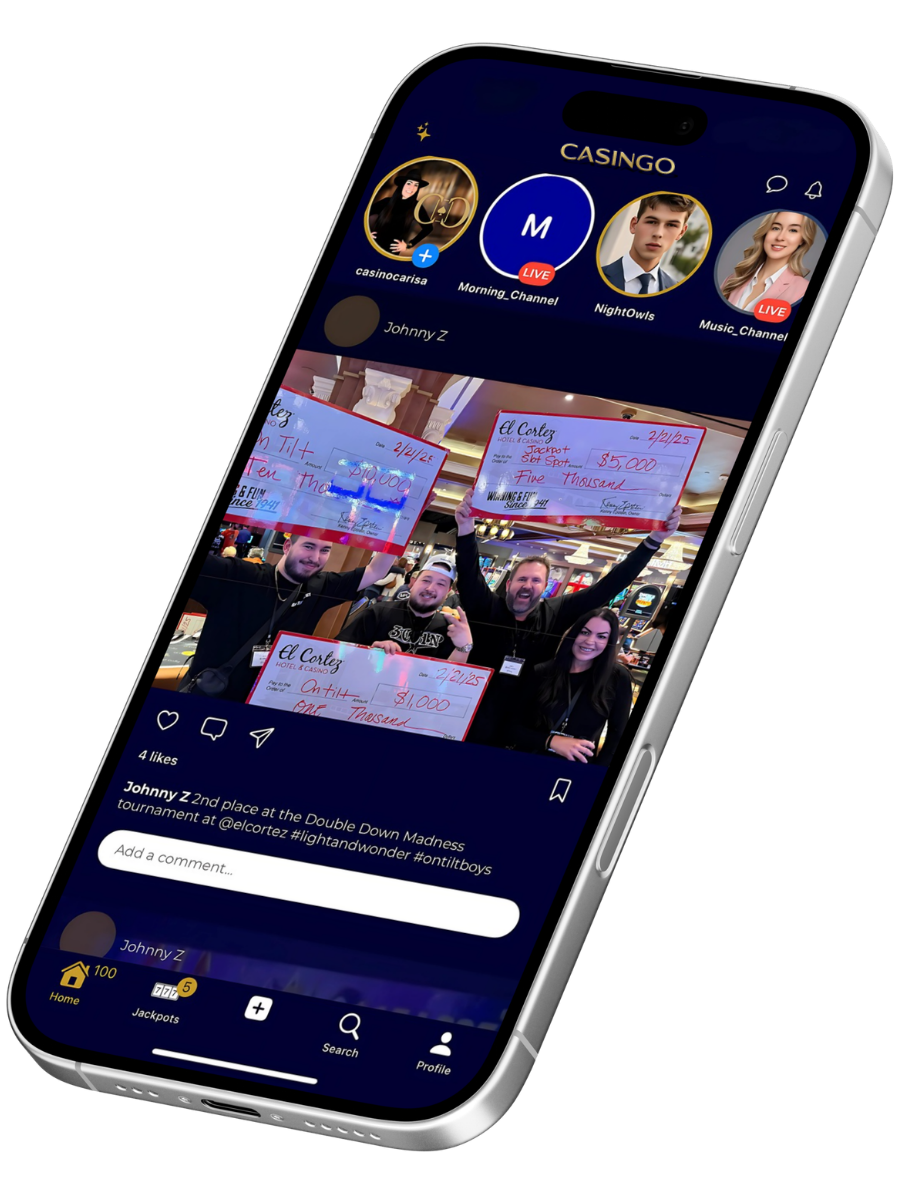 A smartphone displaying an Instagram post with a group of people at a casino, holding large ceremonial checks for winnings. The phone shows the Instagram profile page, with profile pictures, a live channel, and various icons at the bottom.
