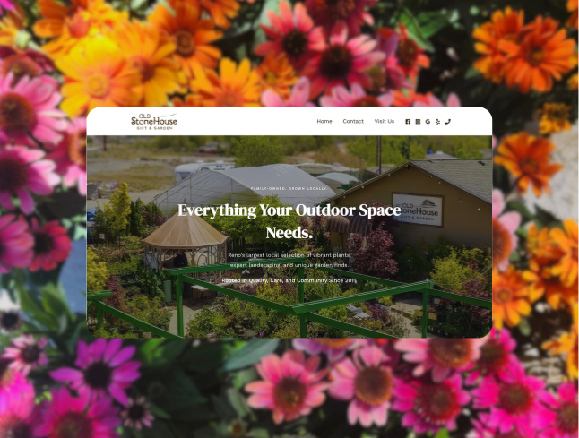 Screenshot of a website for a stone and garden shop surrounded by a colorful border of flowers. Old Stonehouse Nursery in Reno, Nevada