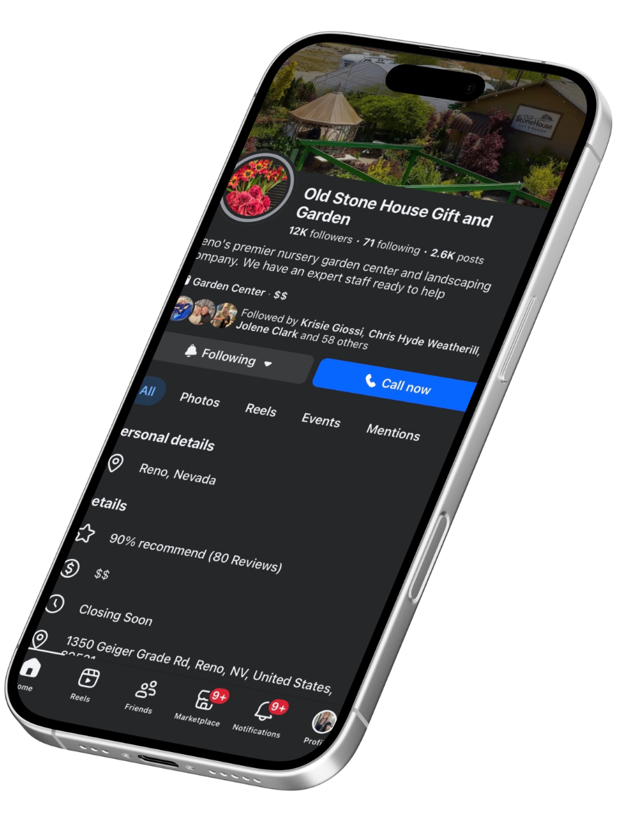 Smartphone screen displaying a social media profile for Old Stone House Gift and Garden, a nursery and landscaping company in Reno, Nevada, with contact options and business details.