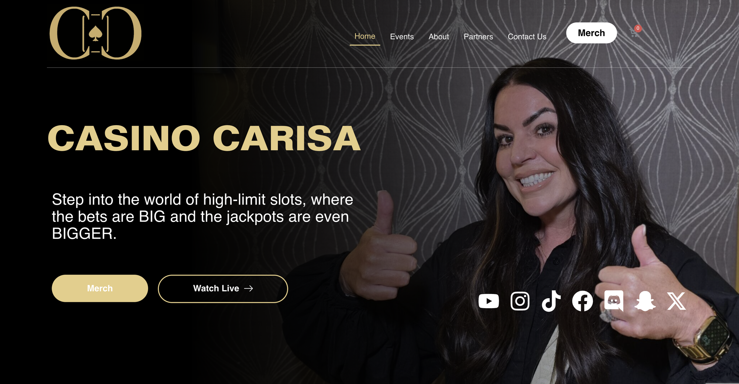 A woman with long dark hair and light skin smiling and giving a thumbs-up gesture, holding a smartphone, in front of a dark patterned background with a casino theme website overlay. Casino Carisa Website