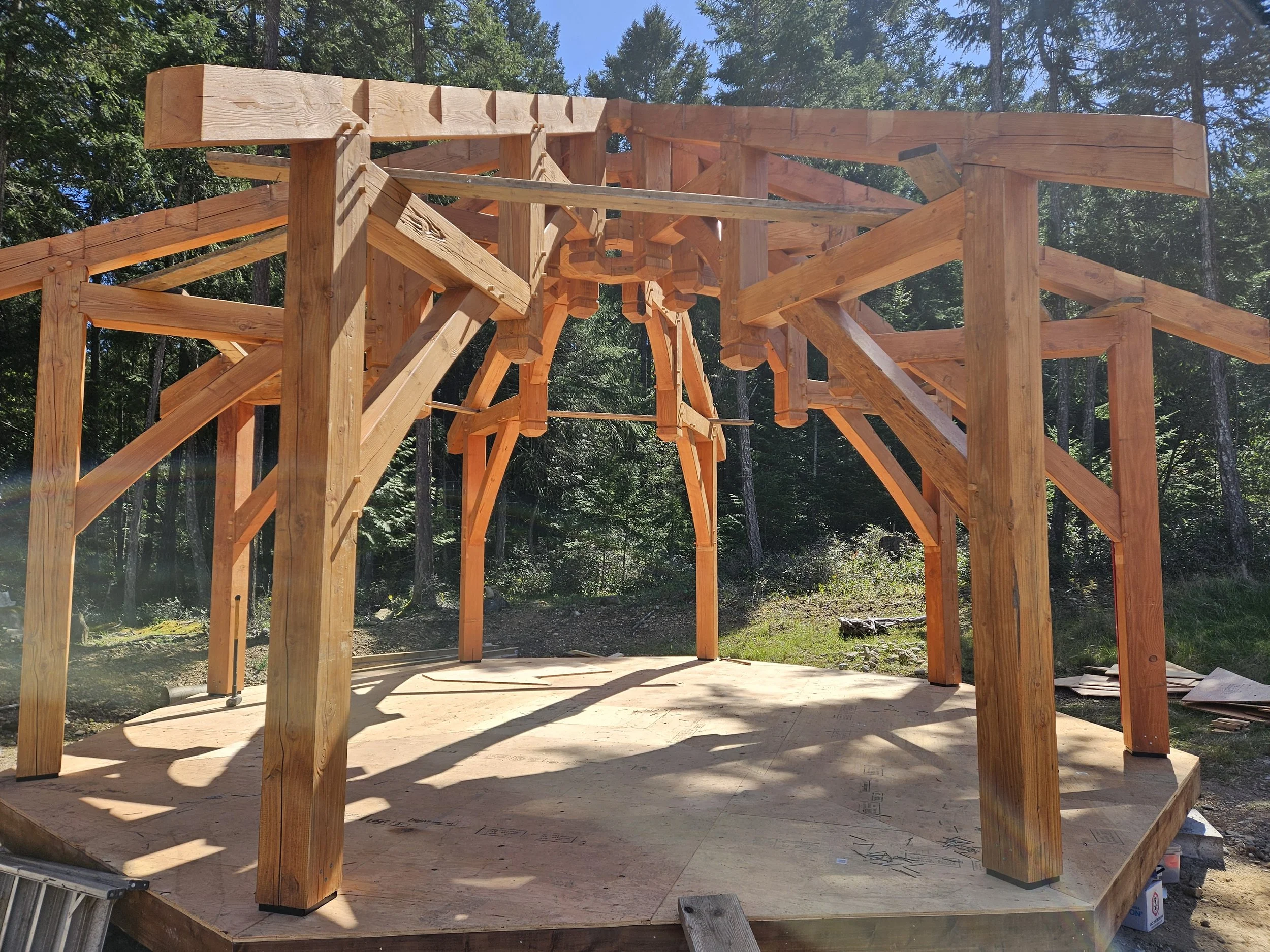 Wooden framing structure under construction in a forested area with trees and blue sky in the background.