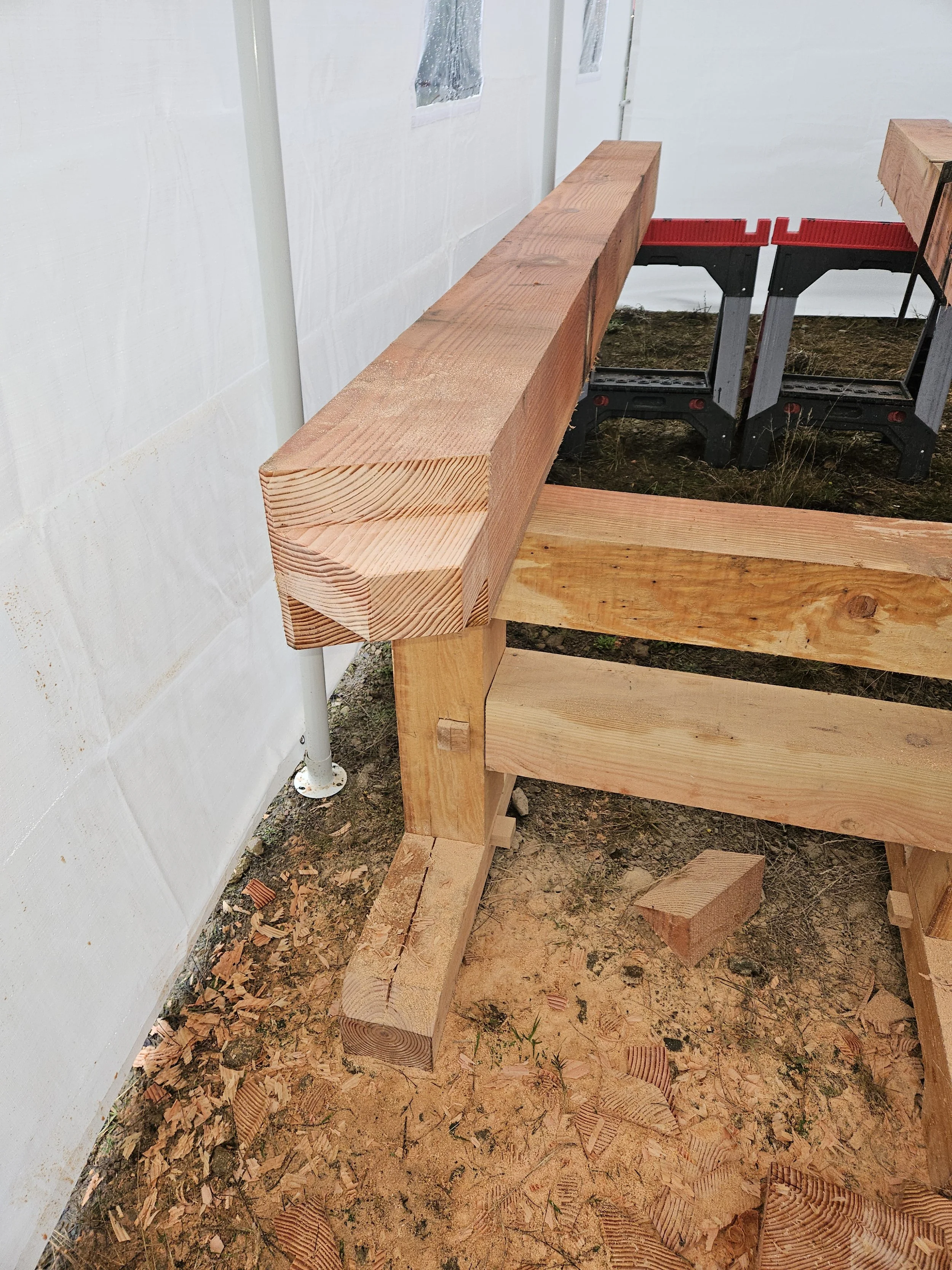 Unfinished wooden structure with a wooden beam and a red and black sawhorse on dirt ground, with wood shavings and an uneven patch of grass.