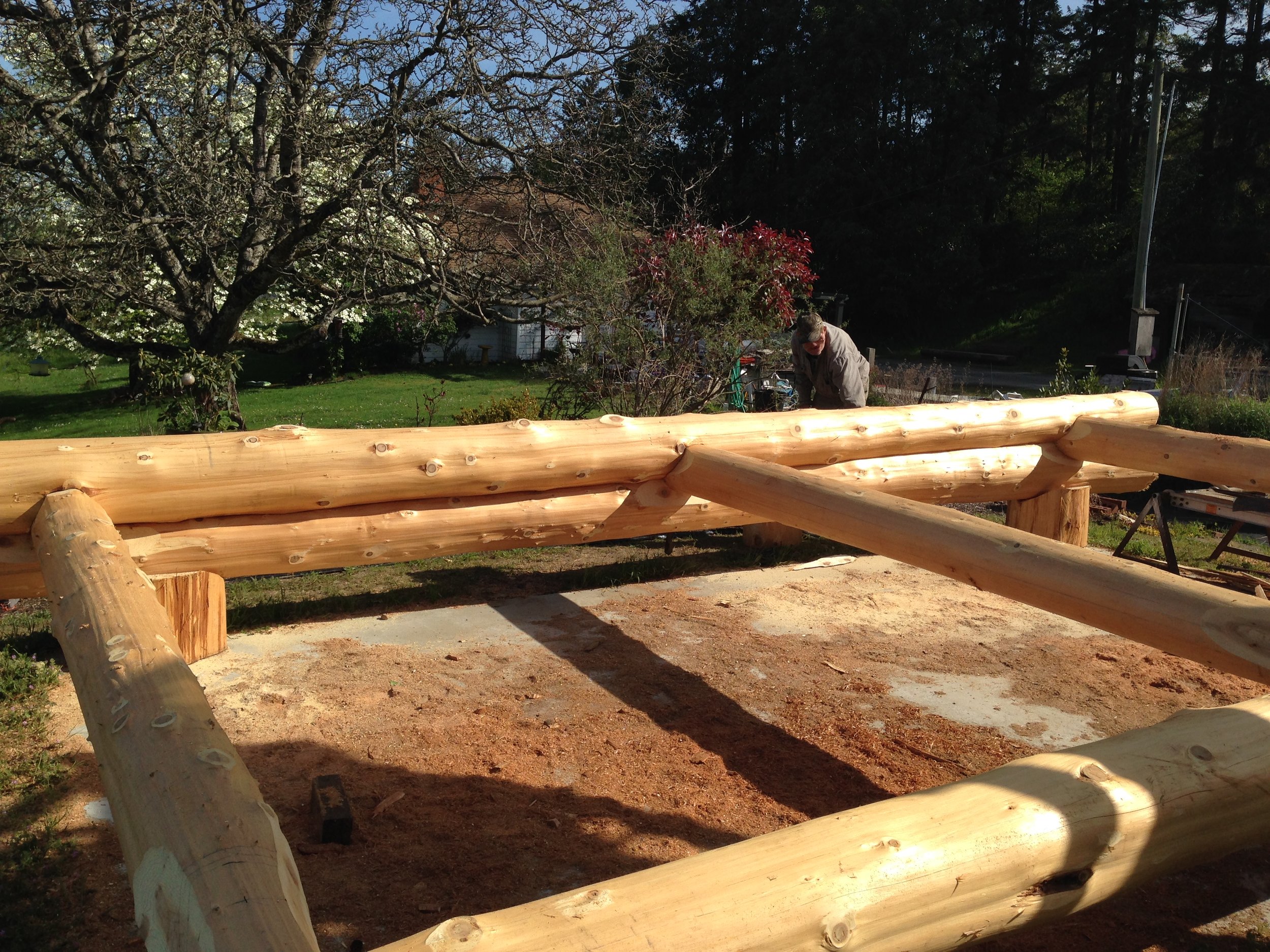 Person working on a wooden log railing outdoors in a yard with trees and a house in the background.