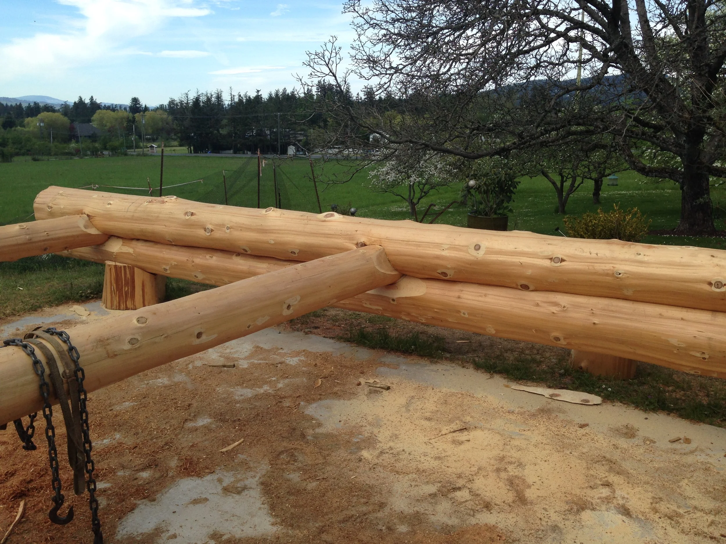 A large wooden log structure with chains hanging from it, set in a grassy and dirt outdoor area with trees and hills in the background.