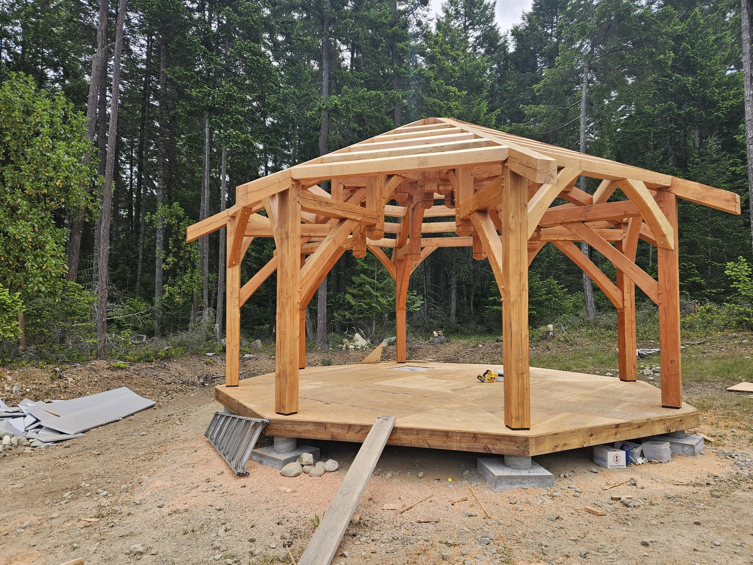 Wooden structure under construction in a forest, with supporting beams and scaffolding, surrounded by trees and construction debris.