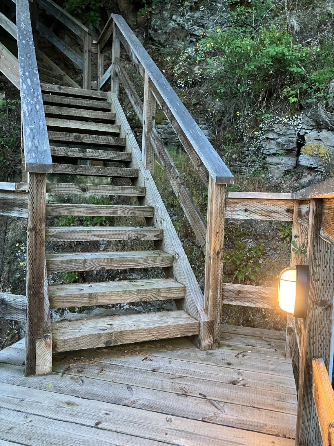 Wooden staircase with handrails ascending a hillside, with lighting on the side, surrounded by rocks and greenery.
