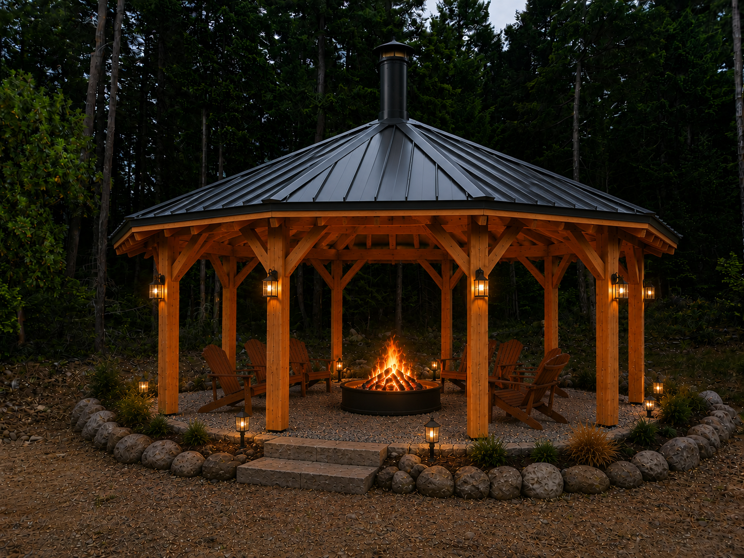 Wooden gazebo with metal roof, lit with warm lights, surrounding a lit fire pit with Adirondack chairs, located outdoors among trees.