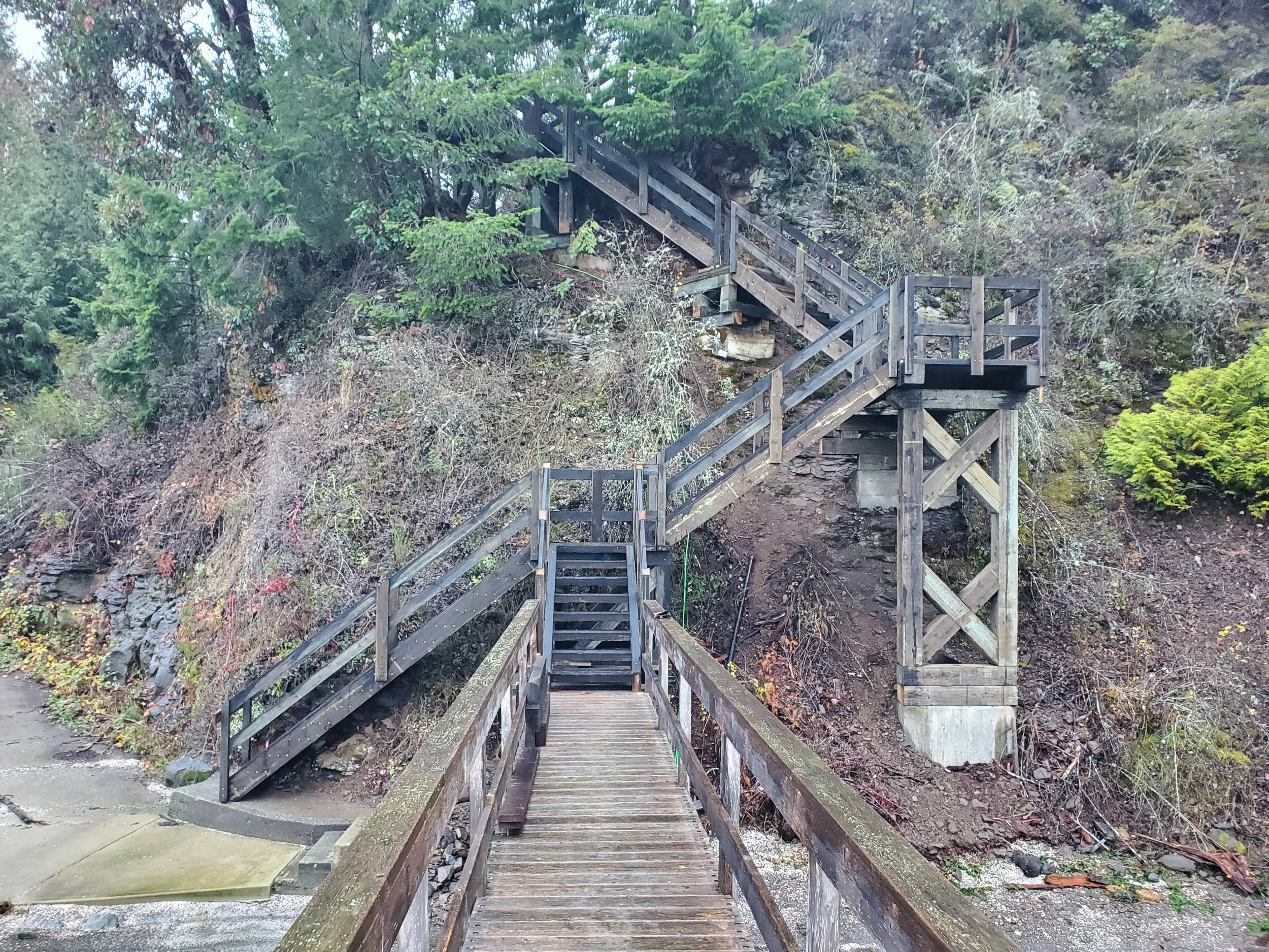 Wooden staircase winding up a hillside surrounded by green trees and bushes.