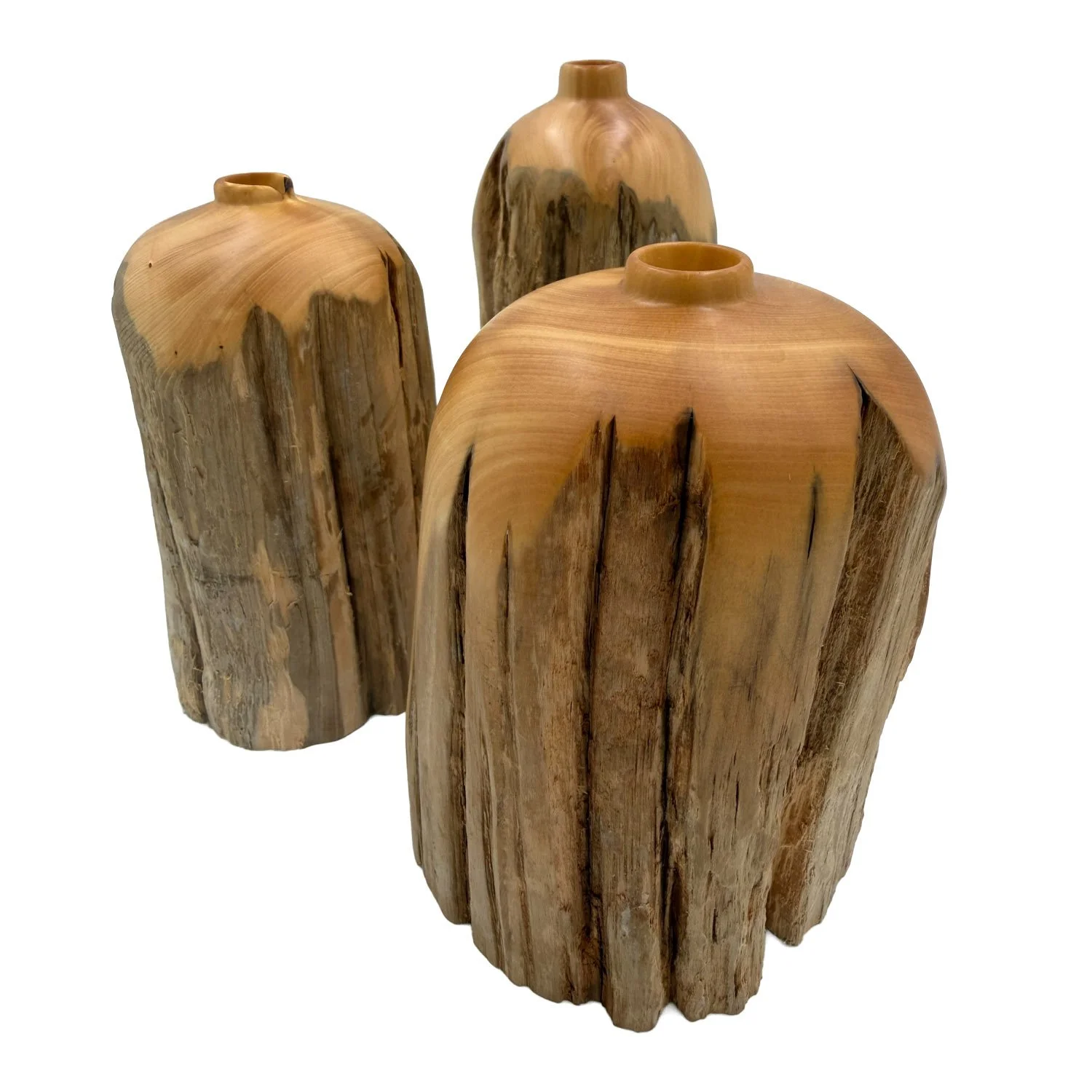 Group of three Medium Bud Vase in Huon Pine Limb Wood, crafted by Andrew McNamara Woodturning, Australian wood turner.