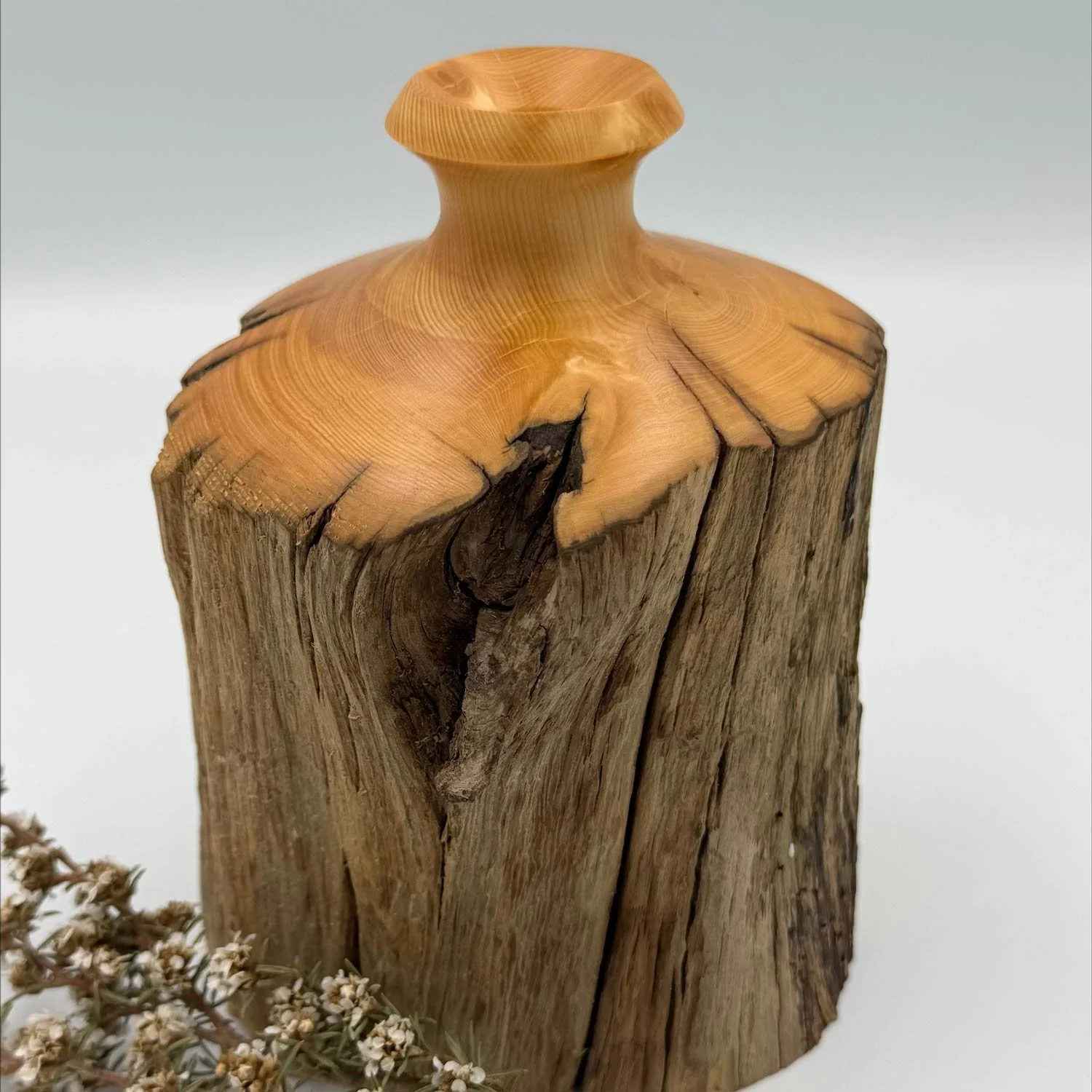 Large Bud Vase in Huon Pine Limb Wood with trumpet rim, crafted by Andrew McNamara Woodturning, Australian wood turner.