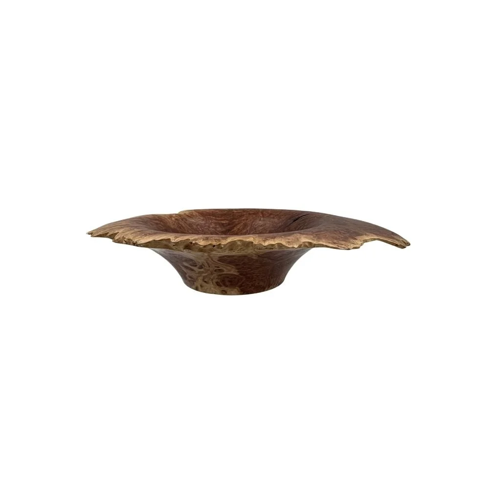 Side view of natural edge bowl in Rib Fruited Mallee Burl timber, crafted by Andrew McNamara Woodturning.