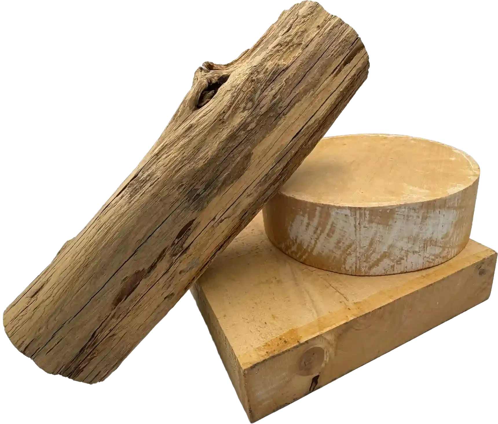 Tasmanian Huon Pine natural timber pieces, a log and cut blocks.