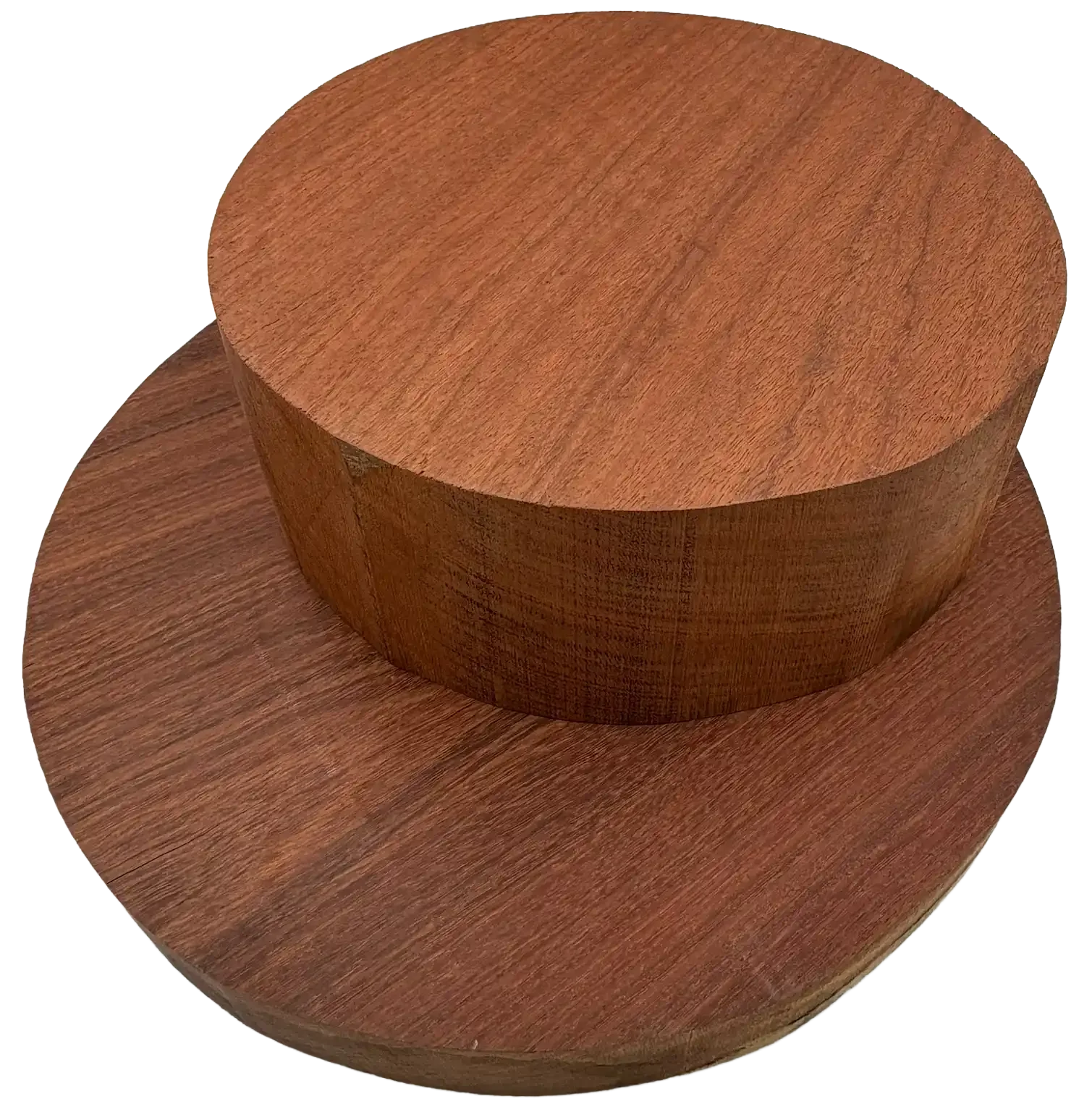 Close-up of two Jarrah stacked wooden disks, one slightly smaller and placed on top of the larger, both with a smooth, polished surface and natural wood grain.