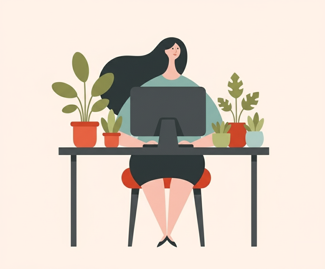 Illustration of a woman sitting at a desk with a desktop computer, surrounded by potted plants.