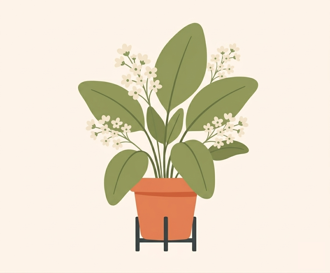 Illustration of a potted plant with large green leaves and small white flowers, placed on a black plant stand.
