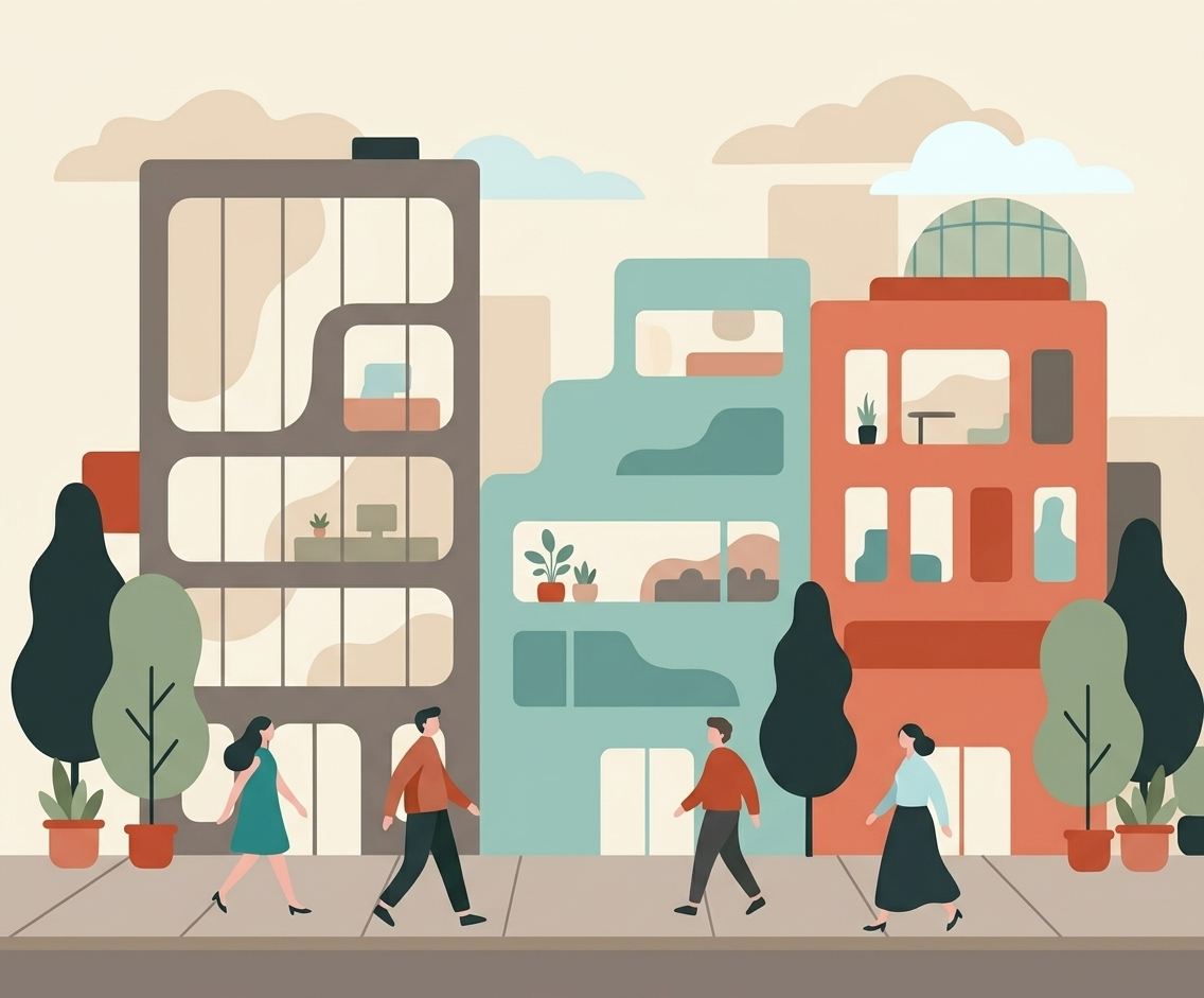 Illustration of a city sidewalk with four people walking past colorful modern apartment buildings with potted plants and trees.