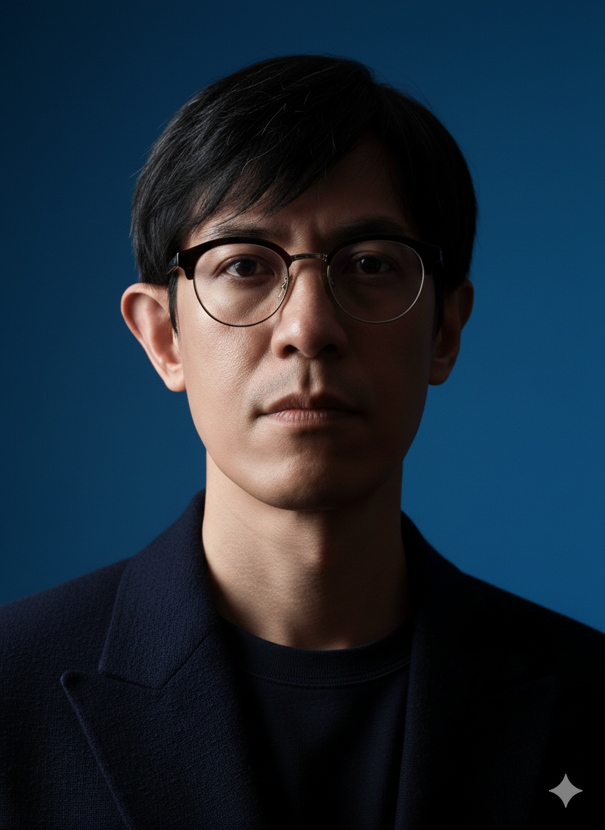 Close-up portrait of a young man with dark hair, wearing round glasses and a dark blazer.