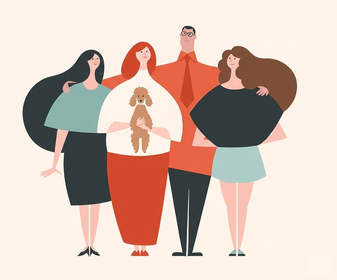 Illustration of four people and a dog standing together, with two women on each side of a man, all smiling and embracing each other.