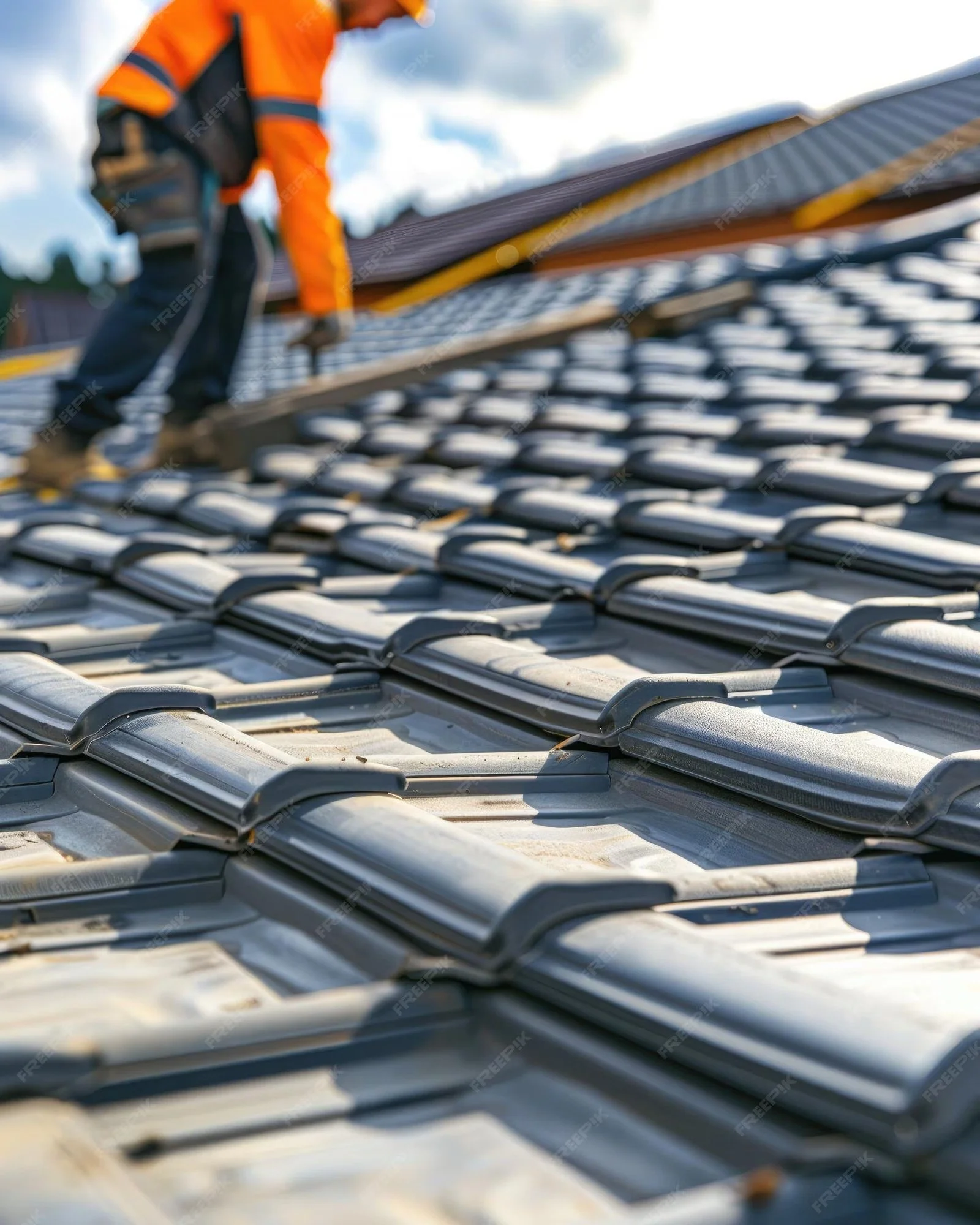 A construction worker wearing an orange safety jacket and a yellow hard hat is working on a roof, installing or repairing metal roofing panels.