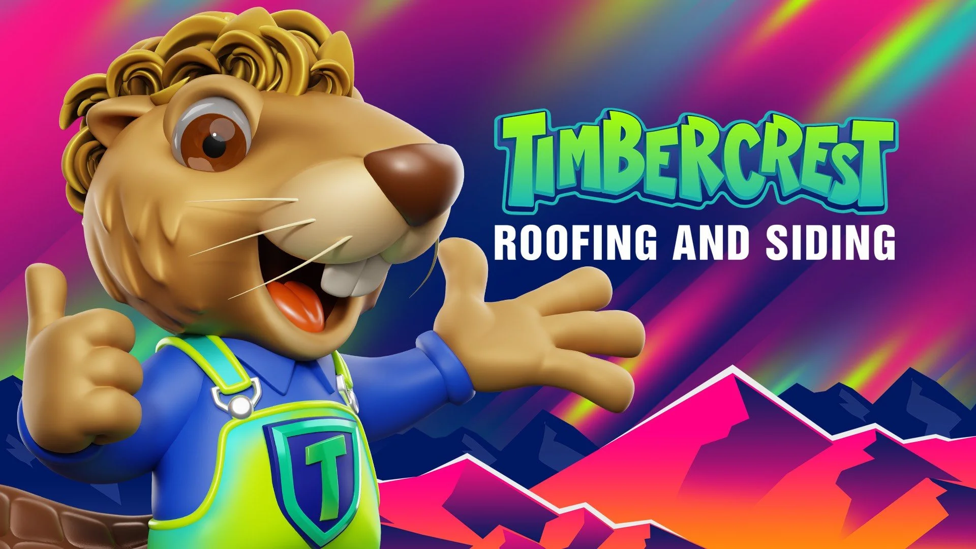 Cartoon lion character with brown mane giving a thumbs up, wearing blue and green clothing with a shield emblem, in front of a colorful, geometric background with mountains and rainbow-like streaks, promoting Timbercrest Roofing and Siding