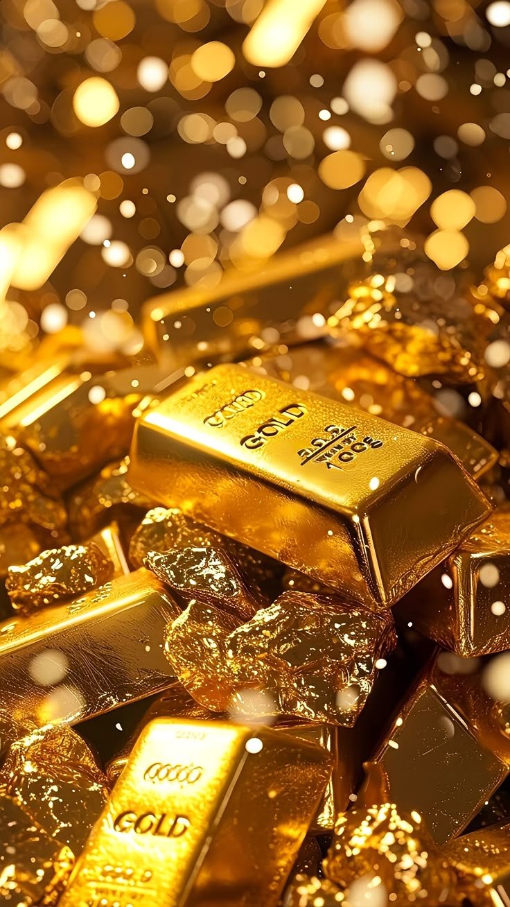 Shiny gold bar with the word "GOLD" engraved, surrounded by smaller gold bars and rock-like chunks, with bokeh light effects in the background.