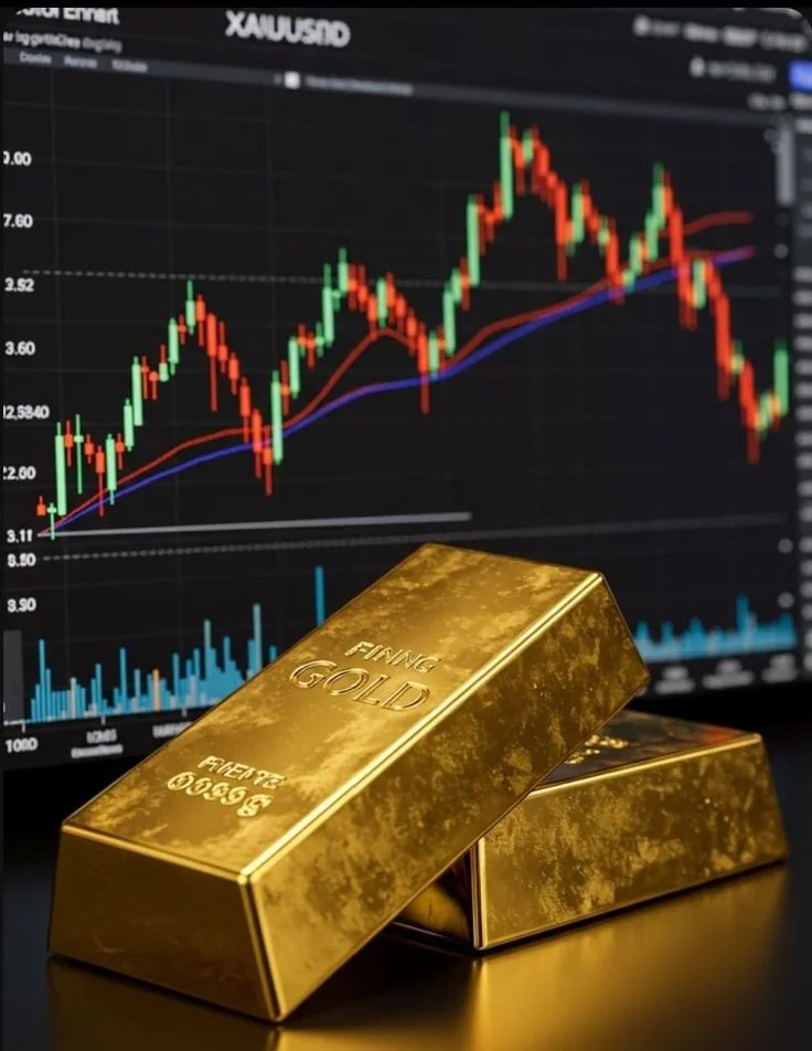 Two gold bars labeled 'FINE GOLD' and 'FINEST 999.9' are placed in front of a computer screen displaying a financial stock chart with candlestick patterns and volume bars.