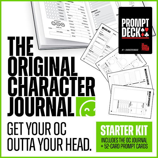 The image shows a character journal starter kit, including the original character journal and 52 prompt cards. The journal is open with blank pages and prompts, and there are several blank prompt cards fanned out. The text highlights the kit's features, encouraging creativity with your original character, and mentions it includes the OC journal and prompt cards.
