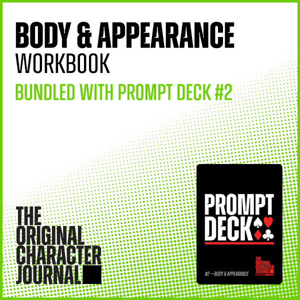 Cover of a workbook titled 'Body & Appearance Workbook,' bundled with Prompt Deck #2. Features a green and white dotted background, with a black and red prompt deck image on the right.