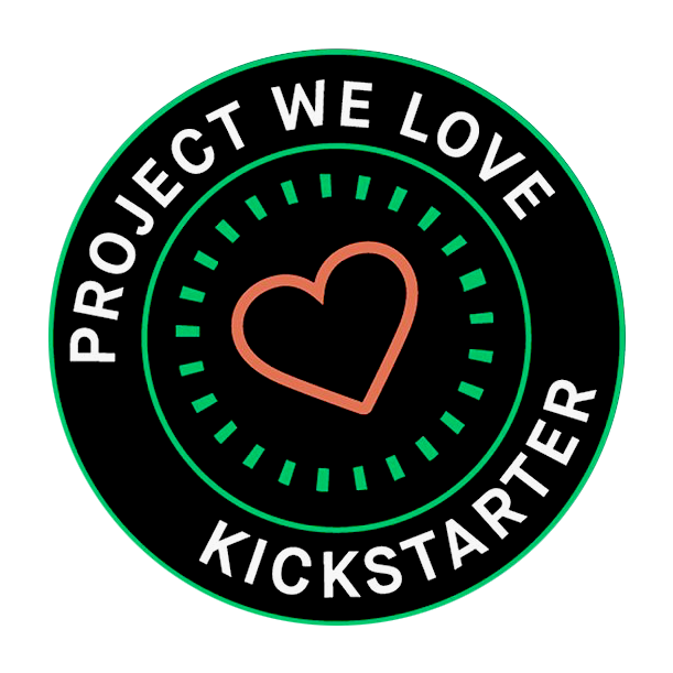 A circular badge with a black background and green outline, featuring white text that says 'PROJECT WE LOVE KICKSTARTER' surrounding a red outline heart at the center, with a green dashed circle around the heart.