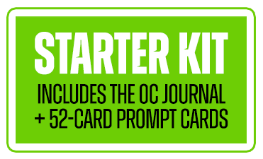 Green sign reading 'Starter Kit includes the OC journal + 52-card prompt cards'