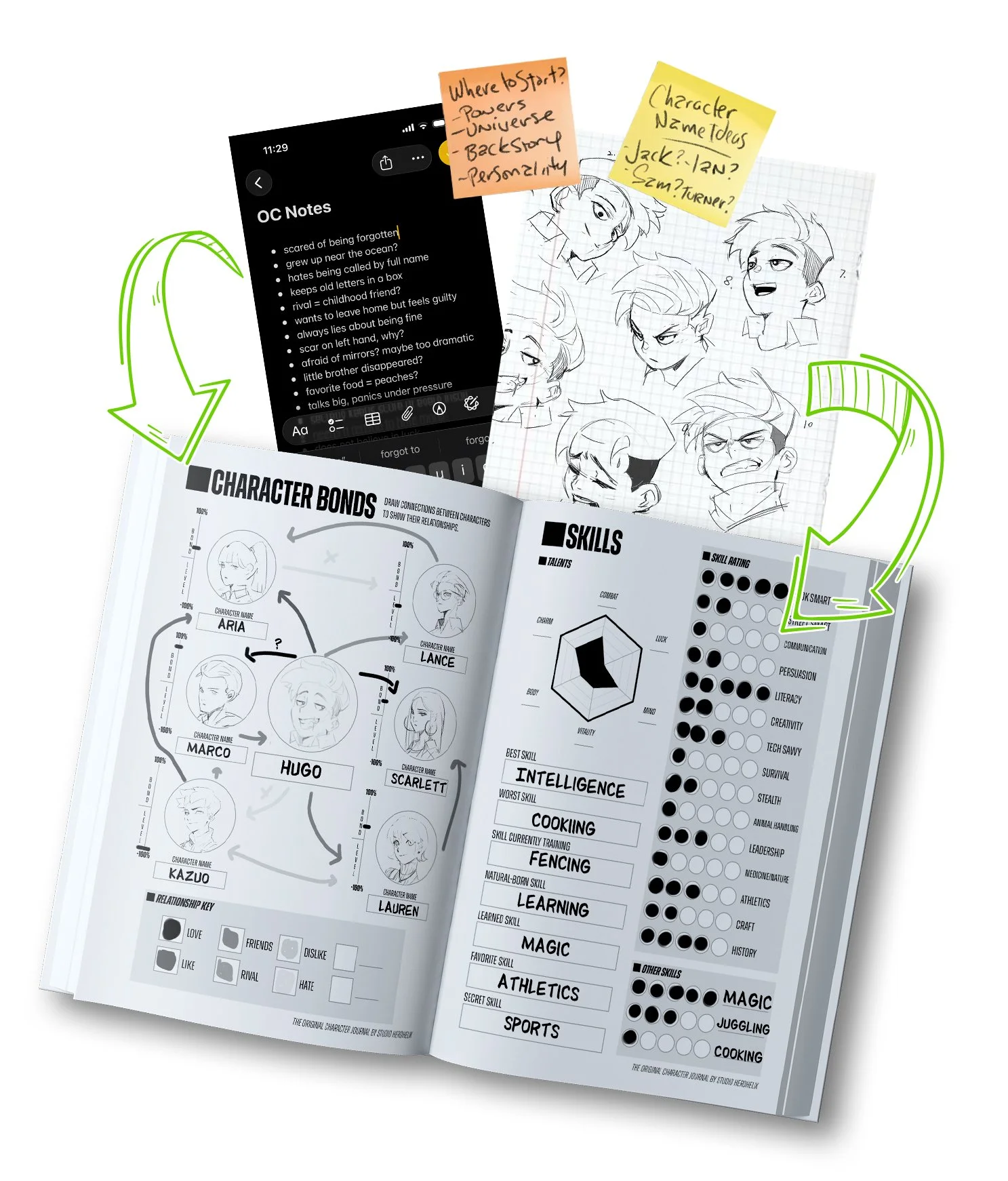 An open character development journal with sketches of animated characters, character relationship diagrams, and skill ratings. Sticky notes with character ideas and questions are attached to the sketches. A black smartphone screen showing notes is also visible.