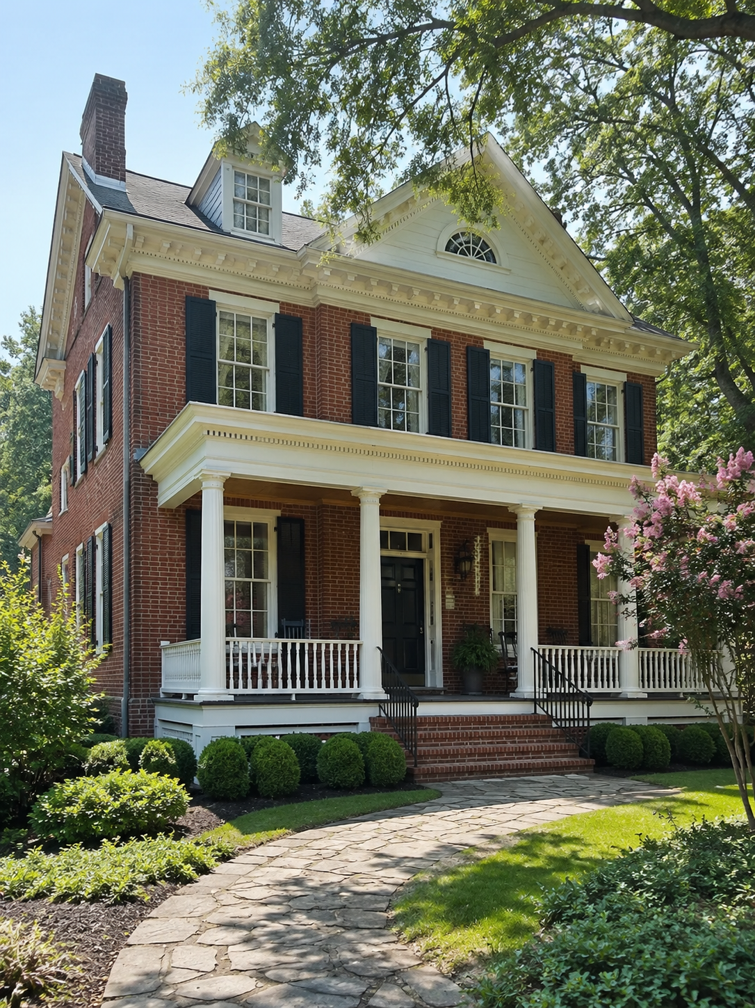 A three-story brick house with a front porch supported by white columns, surrounded by greenery and a flowering tree.