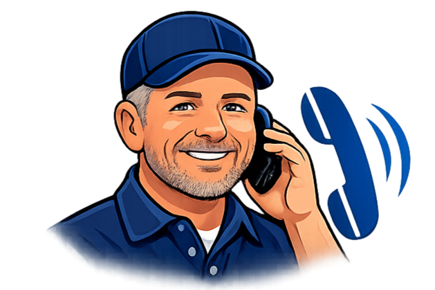 Illustration of a man wearing a blue cap and shirt, smiling and talking on a phone, with a blue headset hanging nearby.
