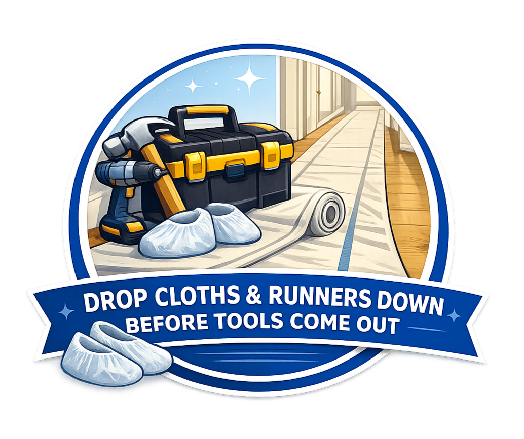 A badge with a message to drop clothes and runners before using tools, featuring a toolbox, work boots, and a work drill on a carpeted floor.