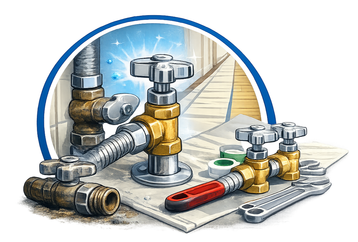 A mirror reflecting plumbing pipes, valves, wrenches, and a thermometer on a work surface.