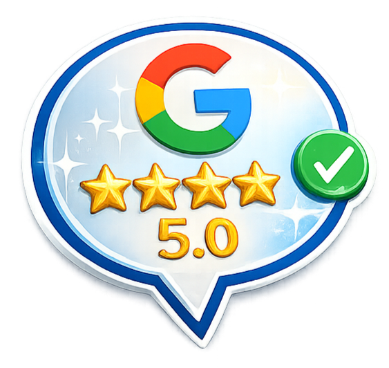 Google logo with a 5-star rating, a 5.0 score, and a green check mark.
