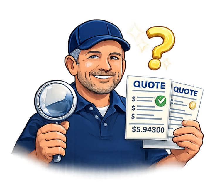 A smiling man wearing a blue cap and uniform holding a magnifying glass in one hand and two quotes with prices in the other, with a question mark and sparkles behind him.