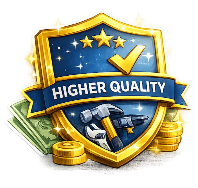 A shield with stars, a checkmark, and a hand holding a hammer is displayed, with cash and gold coins surrounding it, symbolizing quality and value.